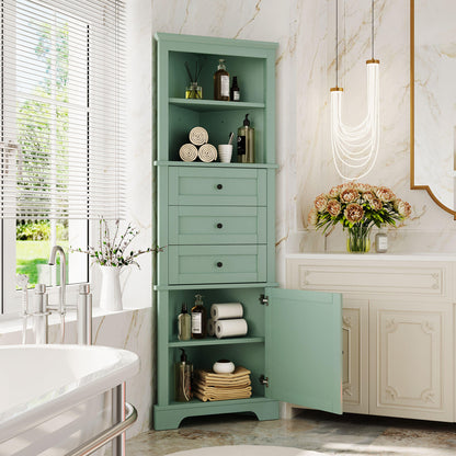 Green Triangle Tall Cabinet with 3 Drawers and Adjustable Shelves, Kitchen or Living Room, MDF Board with Painted Finish