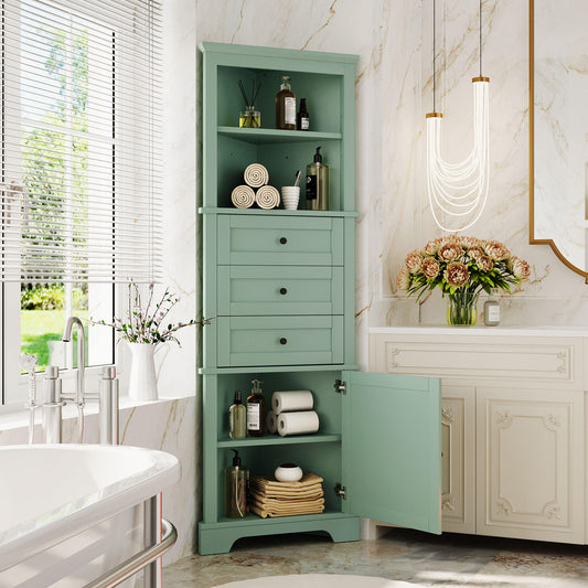 Green Triangle Tall Cabinet with 3 Drawers and Adjustable Shelves, Kitchen or Living Room, MDF Board with Painted Finish
