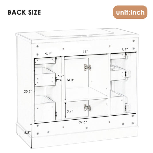 36" Bathroom Vanity without Sink, Cabinet Base Only, One Cabinet and Six Drawers, White