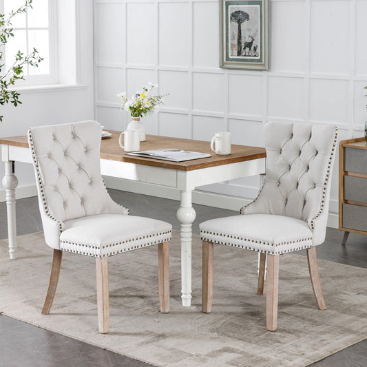 Nikki Collection Modern, High-end Tufted Solid Wood Contemporary Flax Upholstered Dining Chair with Wood Legs Nailhead Trim 2-Pcs Set, Gray