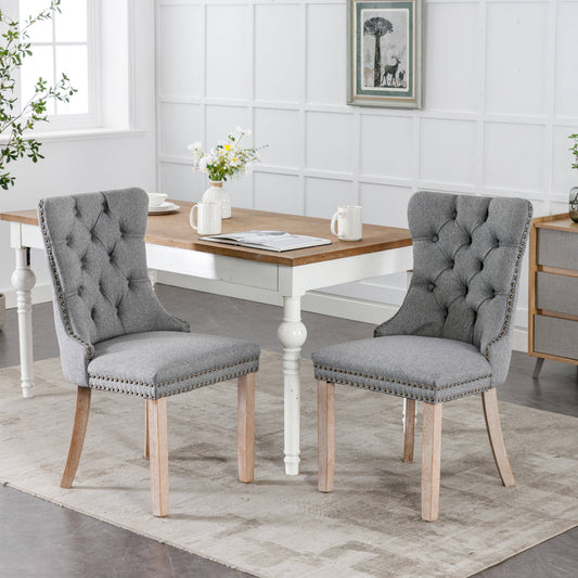 Nikki Collection Modern, High-end Tufted Solid Wood Contemporary Flax Upholstered Linen Dining Chair with Wood Legs Nailhead Trim 2-Pcs Set