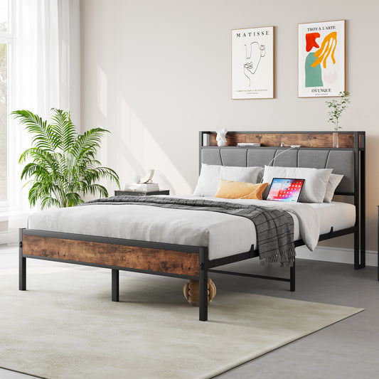 Full Size Bed Frame, Storage Headboard with Charging Station, Solid and Stable, No Box Spring Needed, Easy Assembly,Vintage Brown and Gray