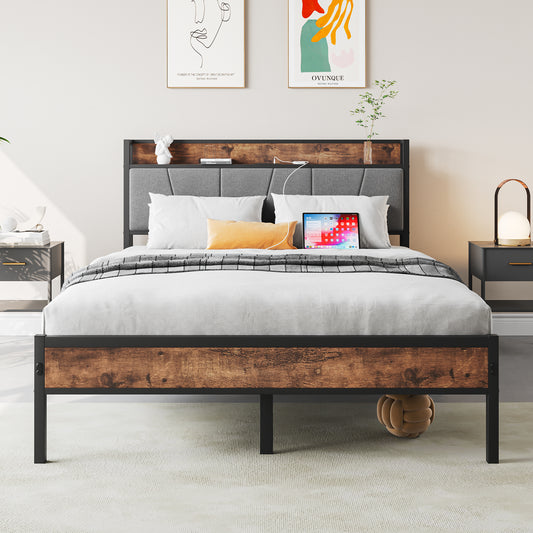 Full Size Bed Frame, Storage Headboard with Charging Station, Solid and Stable, No Box Spring Needed, Easy Assembly,Vintage Brown and Gray