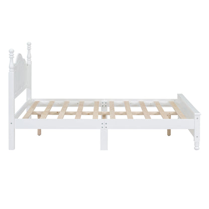 Full Size Wood Platform Bed Frame, Retro Style Platform Bed with Wooden Slat Support, White