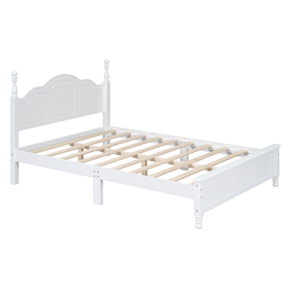 Full Size Wood Platform Bed Frame, Retro Style Platform Bed with Wooden Slat Support, White