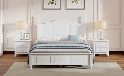 Full Size Wood Platform Bed Frame, Retro Style Platform Bed with Wooden Slat Support, White