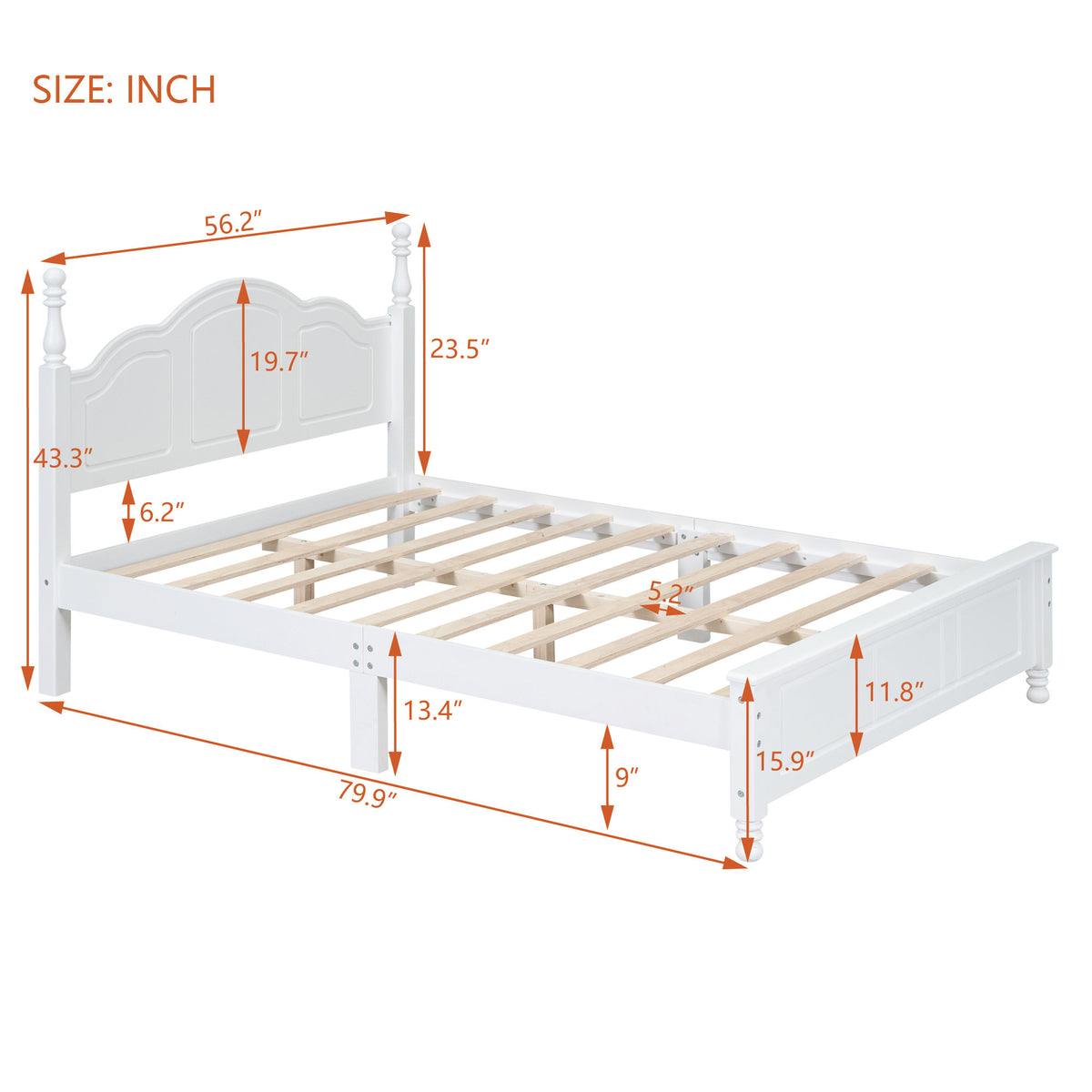 Full Size Wood Platform Bed Frame, Retro Style Platform Bed with Wooden Slat Support, White