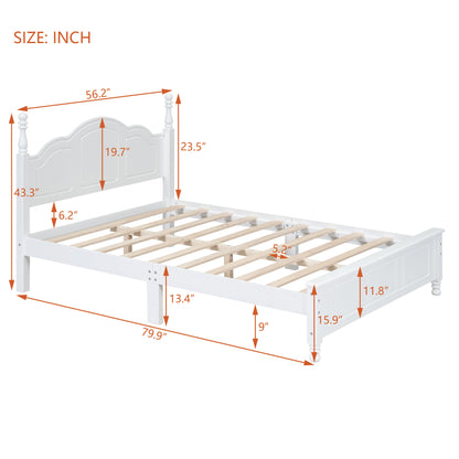 Full Size Wood Platform Bed Frame, Retro Style Platform Bed with Wooden Slat Support, White