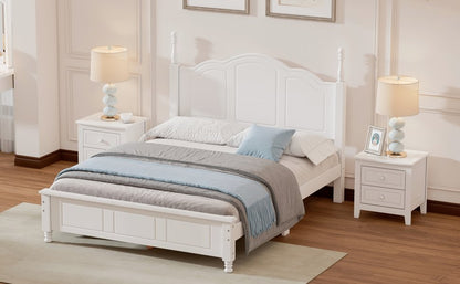Full Size Wood Platform Bed Frame, Retro Style Platform Bed with Wooden Slat Support, White