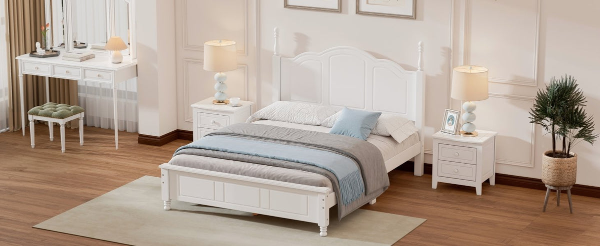 Full Size Wood Platform Bed Frame, Retro Style Platform Bed with Wooden Slat Support, White