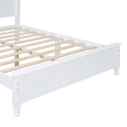Full Size Wood Platform Bed Frame, Retro Style Platform Bed with Wooden Slat Support, White