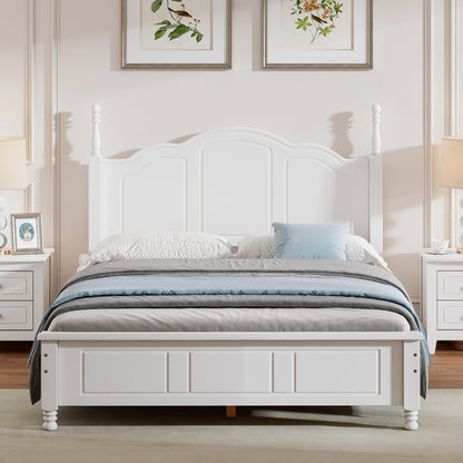 Full Size Wood Platform Bed Frame, Retro Style Platform Bed with Wooden Slat Support, White