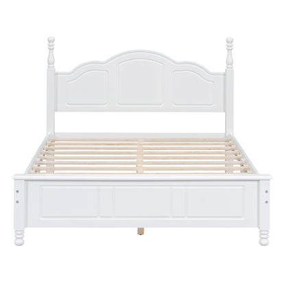 Full Size Wood Platform Bed Frame, Retro Style Platform Bed with Wooden Slat Support, White