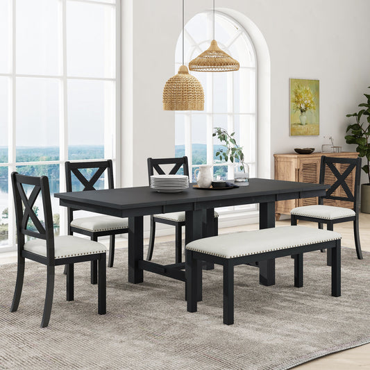 TOPMAX Farmhouse 82inch 6-Piece Extendable Dining Table with Footrest, 4 Upholstered Dining Chairs and Dining Bench, Two 11'Removable Leaf – Black