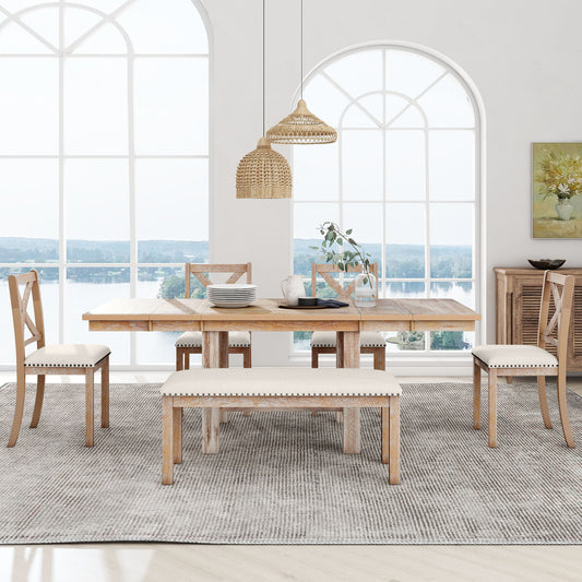 TOPMAX Farmhouse 82inch 6-Piece Extendable Dining Table with Footrest, 4 Upholstered Dining Chairs and Dining Bench, Two 11'Removable Leaf – Model N717S000023N