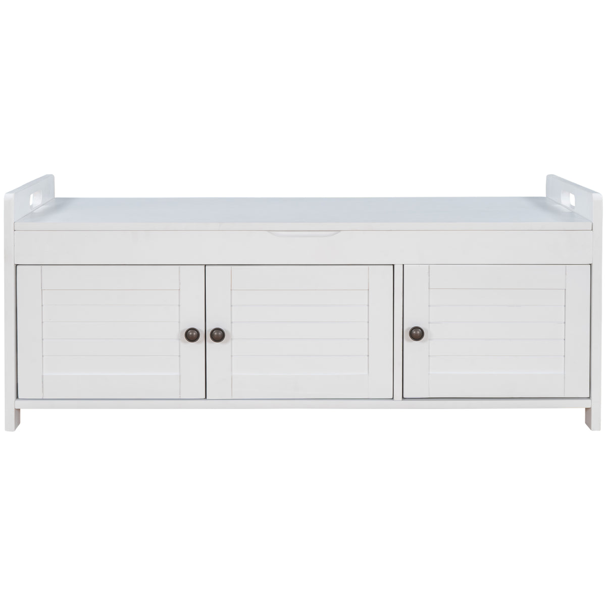 TREXM Storage Bench with 3 Shutter-shaped Doors, Shoe Bench with Removable Cushion and Hidden Storage Space (White, OLD SKU: WF284226AAK)