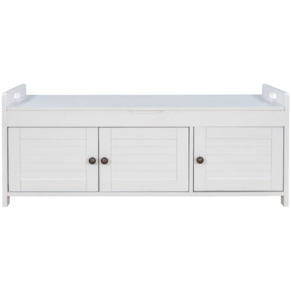 TREXM Storage Bench with 3 Shutter-shaped Doors, Shoe Bench with Removable Cushion and Hidden Storage Space (White, OLD SKU: WF284226AAK)