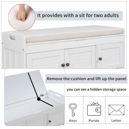 TREXM Storage Bench with 3 Shutter-shaped Doors, Shoe Bench with Removable Cushion and Hidden Storage Space (White, OLD SKU: WF284226AAK)