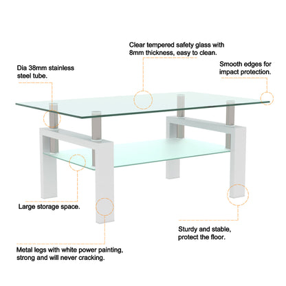 Rectangle Glass Coffee Table, Clear Coffee Table, Modern Side Center Tables, Living Room Furniture – White