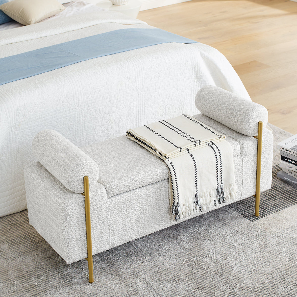 Elegant Upholstered Linen Storage Bench with Cylindrical Arms and Iron Legs, White