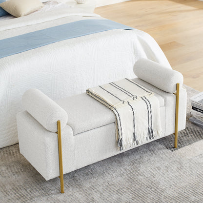 Elegant Upholstered Linen Storage Bench with Cylindrical Arms and Iron Legs, White
