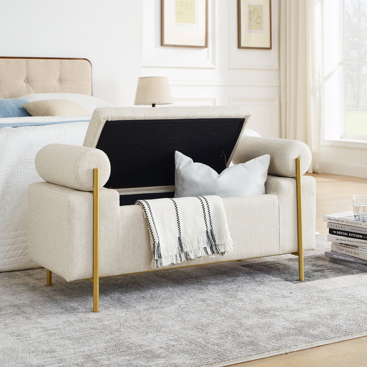 Elegant Upholstered Linen Storage Bench with Cylindrical Arms and Iron Legs, Beige