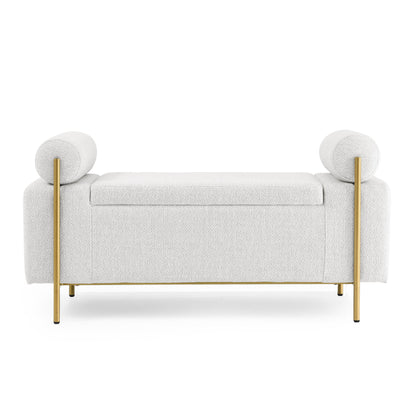 Elegant Upholstered Linen Storage Bench with Cylindrical Arms and Iron Legs, White