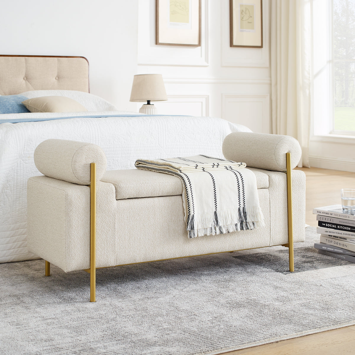 Elegant Upholstered Linen Storage Bench with Cylindrical Arms and Iron Legs, Beige
