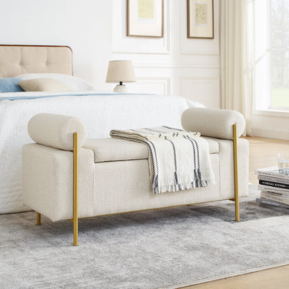 Elegant Upholstered Linen Storage Bench with Cylindrical Arms and Iron Legs, Beige