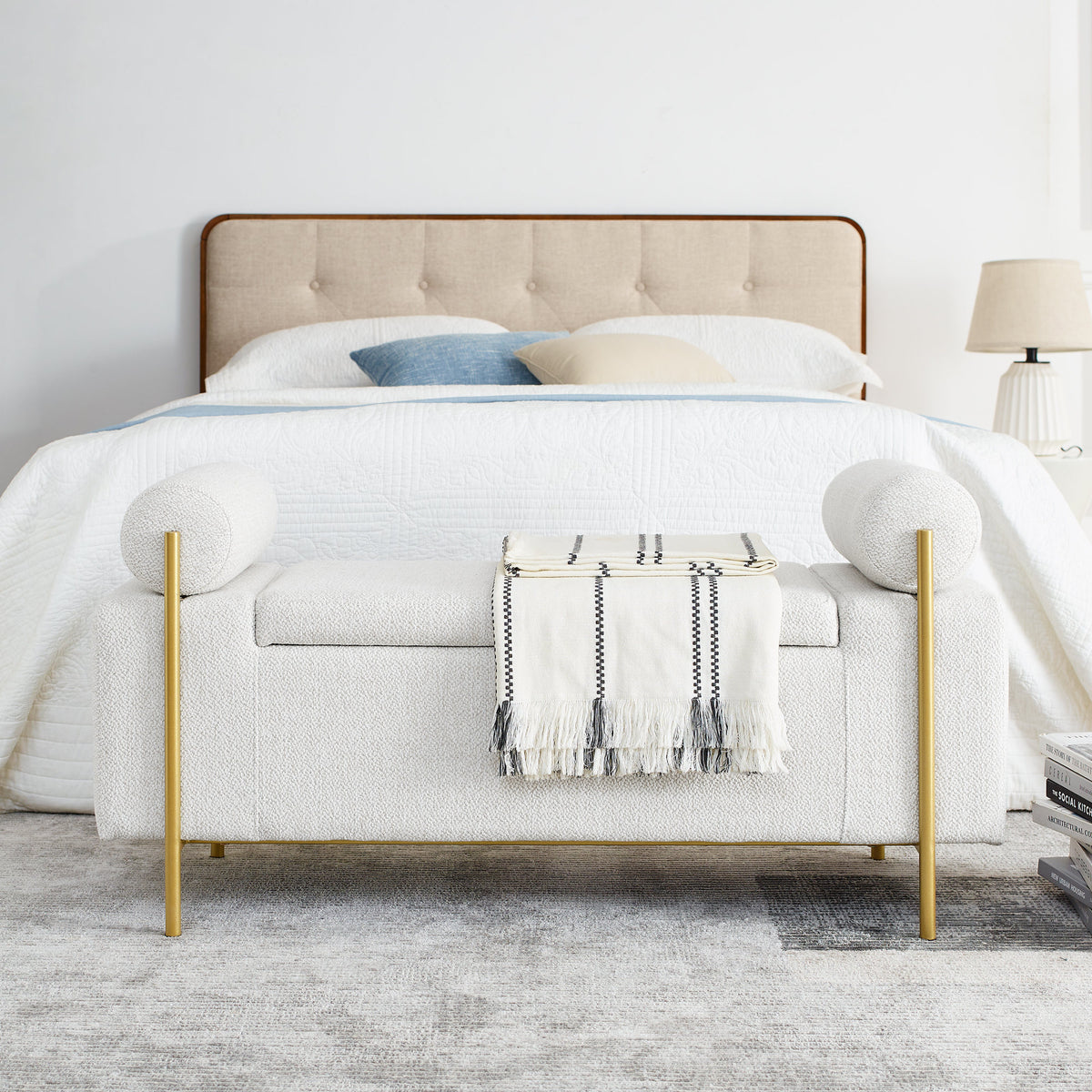 Elegant Upholstered Linen Storage Bench with Cylindrical Arms and Iron Legs, White
