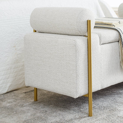 Elegant Upholstered Linen Storage Bench with Cylindrical Arms and Iron Legs, White