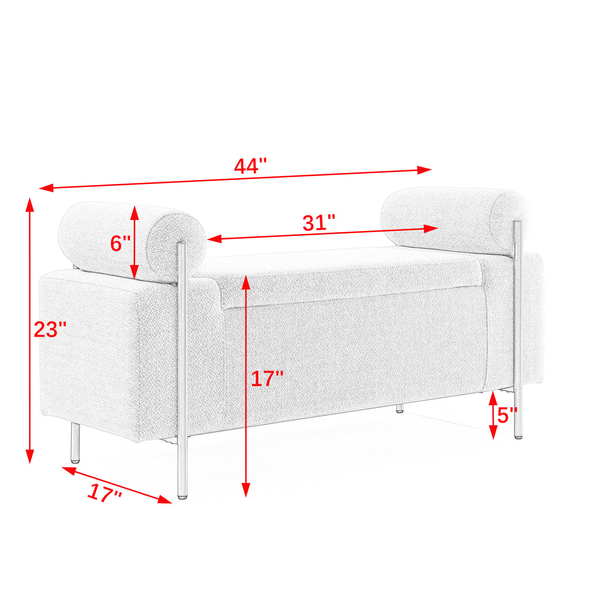 Elegant Upholstered Linen Storage Bench with Cylindrical Arms and Iron Legs, Beige