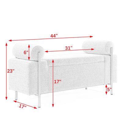 Elegant Upholstered Linen Storage Bench with Cylindrical Arms and Iron Legs, Beige