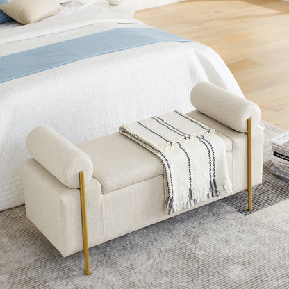 Elegant Upholstered Linen Storage Bench with Cylindrical Arms and Iron Legs, Beige