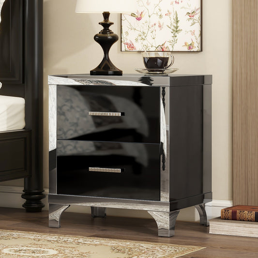 Elegant High Gloss Nightstand with Metal Handle, Mirrored Bedside Table with 2 Drawers, Black
