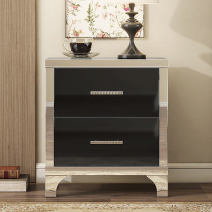 Elegant High Gloss Nightstand with Metal Handle, Mirrored Bedside Table with 2 Drawers, Black