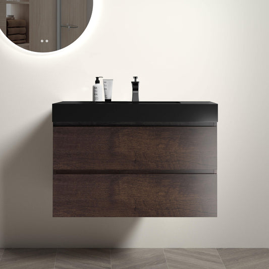 Alice 36" Walnut Bathroom Vanity with Black Sink Basin, Wall Mounted Floating Design, Pre-assembled