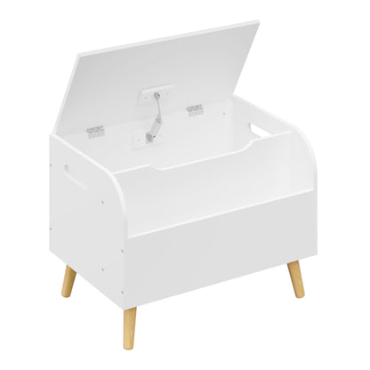 Wooden Toy Box, Kids Toy Storage Organizer with Front Bookshelf, Flip-Top Lid, Safety Hinge - White