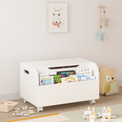 Wooden Toy Box with 4 Universal Wheels, Kids Toy Storage Organizer with Front Bookshelf, Flip-Top Lid, Safety Hinge - White
