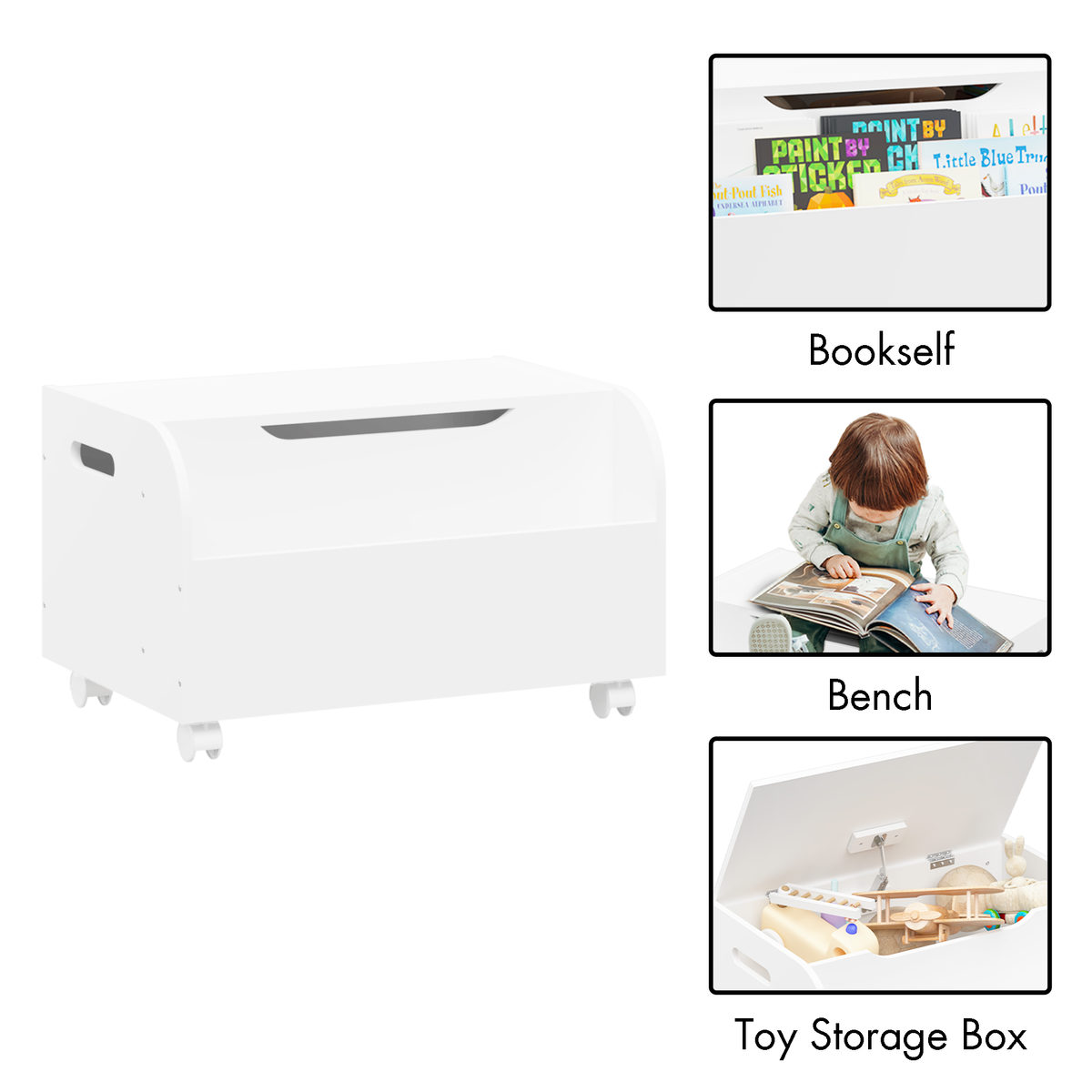 Wooden Toy Box with 4 Universal Wheels, Kids Toy Storage Organizer with Front Bookshelf, Flip-Top Lid, Safety Hinge - White