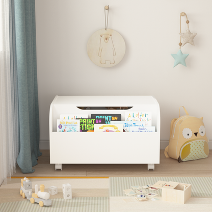 Wooden Toy Box with 4 Universal Wheels, Kids Toy Storage Organizer with Front Bookshelf, Flip-Top Lid, Safety Hinge - White