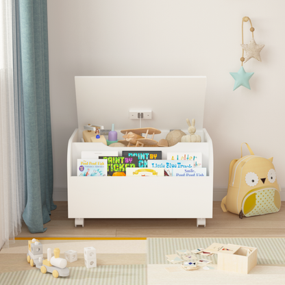 Wooden Toy Box with 4 Universal Wheels, Kids Toy Storage Organizer with Front Bookshelf, Flip-Top Lid, Safety Hinge - White