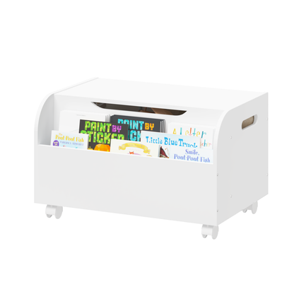 Wooden Toy Box with 4 Universal Wheels, Kids Toy Storage Organizer with Front Bookshelf, Flip-Top Lid, Safety Hinge - White