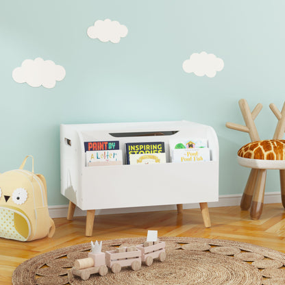 Wooden Toy Box, Kids Toy Storage Organizer with Front Bookshelf, Flip-Top Lid, Safety Hinge - White