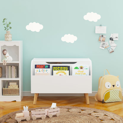 Wooden Toy Box, Kids Toy Storage Organizer with Front Bookshelf, Flip-Top Lid, Safety Hinge - White