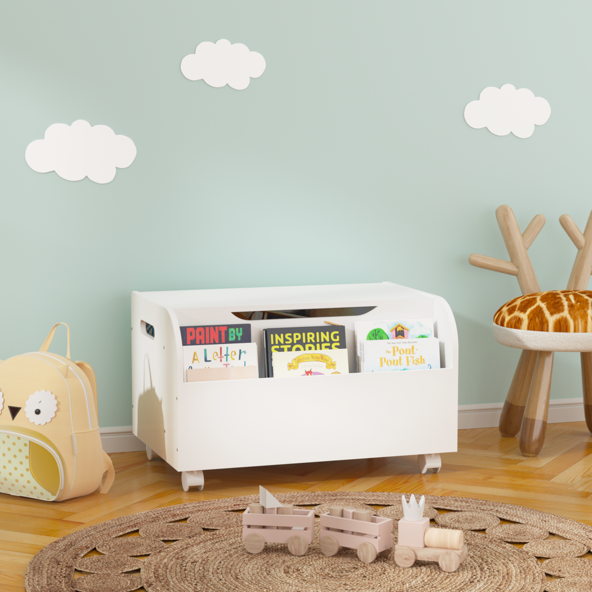 Wooden Toy Box with 4 Universal Wheels, Kids Toy Storage Organizer with Front Bookshelf, Flip-Top Lid, Safety Hinge - White