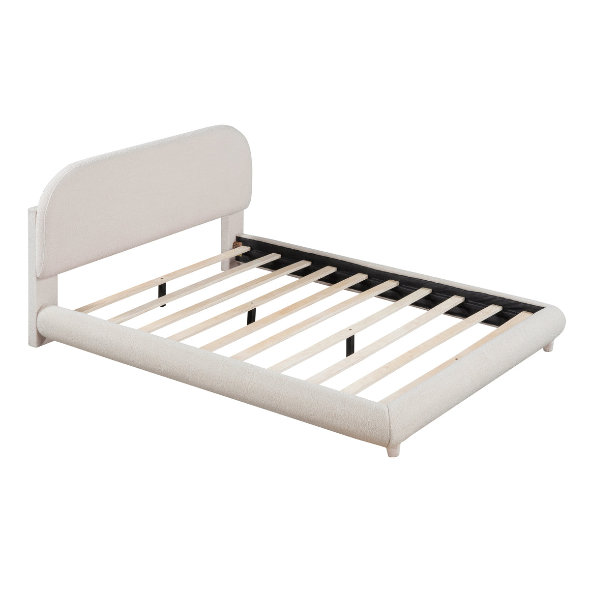 Teddy Fleece Full Size Upholstered Platform Bed with Thick Fabric, Solid Frame and Stylish Curve-shaped Design, Beige