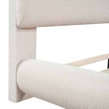 Teddy Fleece Full Size Upholstered Platform Bed with Thick Fabric, Solid Frame and Stylish Curve-shaped Design, Beige