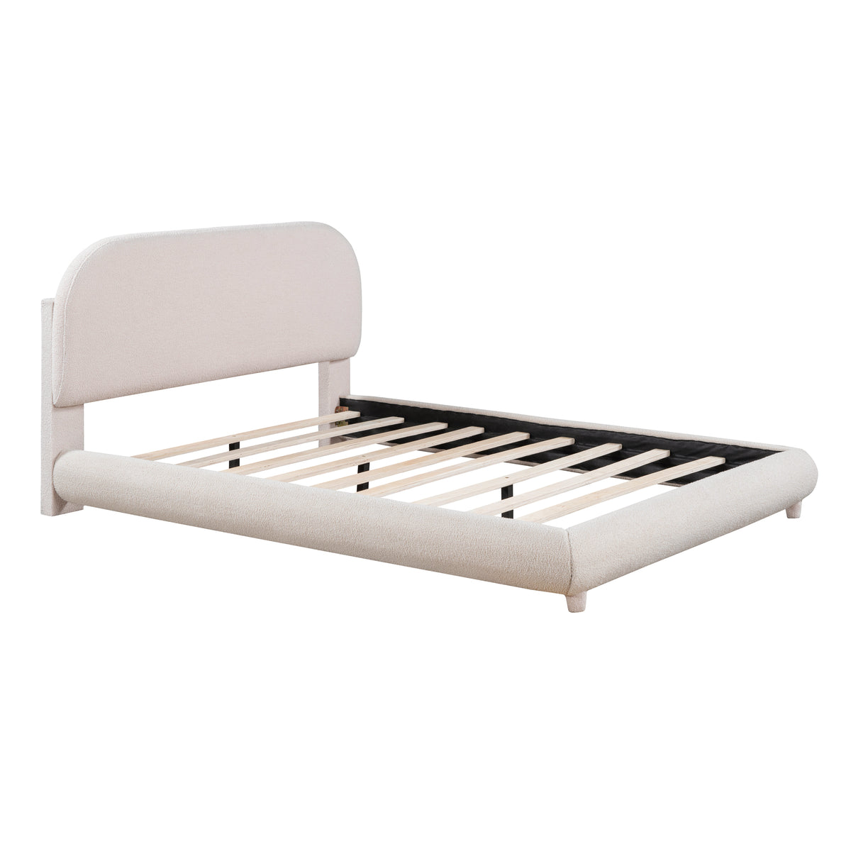 Teddy Fleece Full Size Upholstered Platform Bed with Thick Fabric, Solid Frame and Stylish Curve-shaped Design, Beige