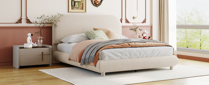 Teddy Fleece Full Size Upholstered Platform Bed with Thick Fabric, Solid Frame and Stylish Curve-shaped Design, Beige
